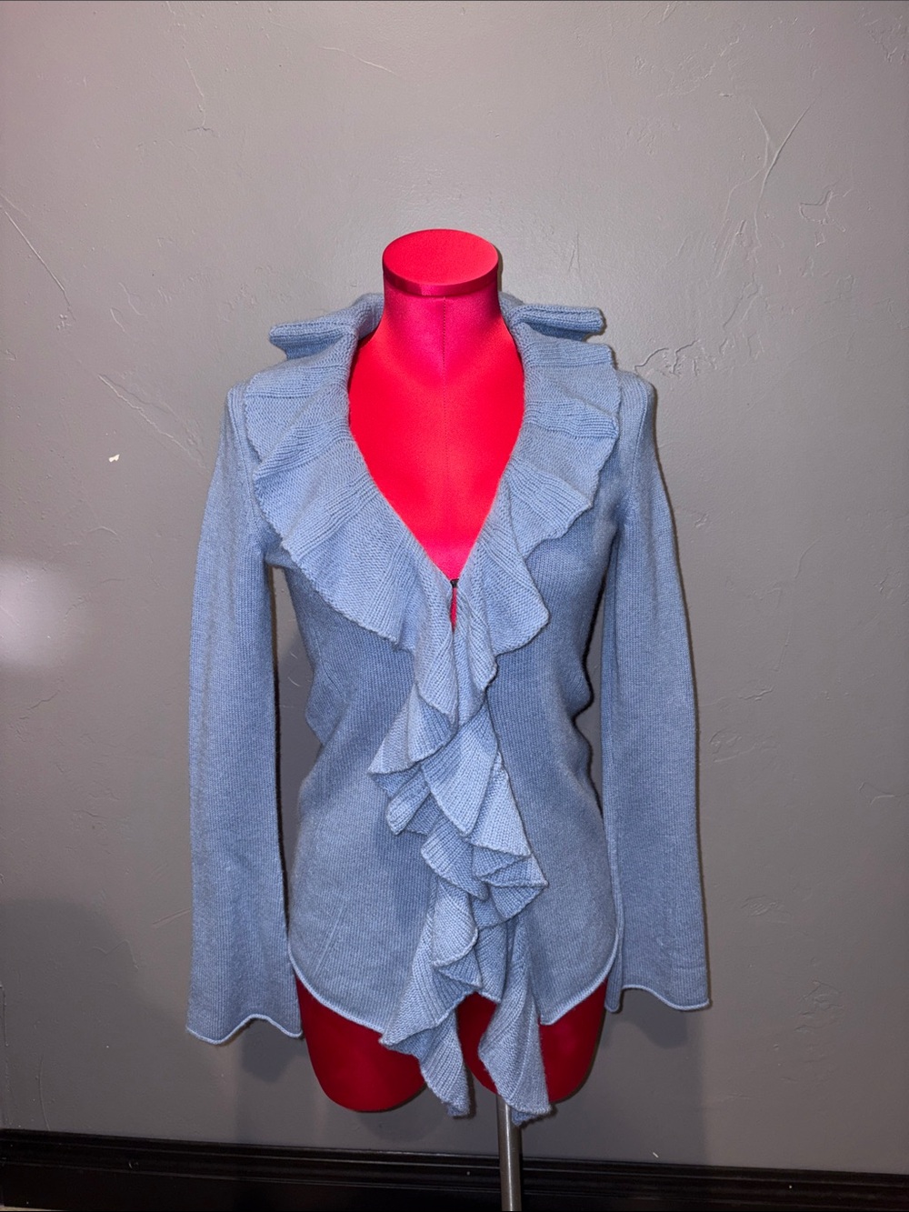 Magaschoni cashmere knit ruffle sweater in beautiful blue!